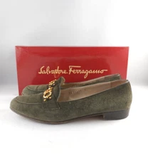Salvatore Ferragamo Women's Tasha Green Suede Loafer with Gold Tone Accent, 8 AA