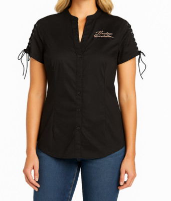 Harley-Davidson Women's Script Font Laced Sleeve Shirt - 96115-22VW