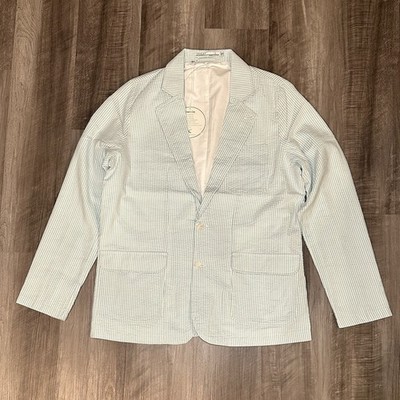 Criquet Pimm s Cup Seersucker Striped Surgeon s Cuff Derby Cotton Blazer - Large