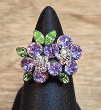 Rhinestone Adjustable Ring Floral Flowers Purple Green Vintage Sparkly