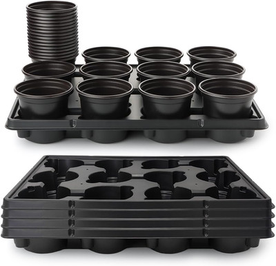 4 Inch Plastic Plant Pots 60 Pcs and 12 Cell Nursery Pots Trays 5 Pcs, Thick Stu
