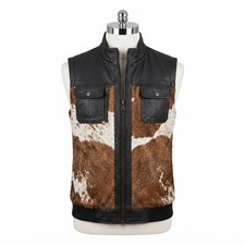 New Men's Real Cowhide Leather Vest Western Cowboy Waistcoat Hair-On Pony Skin