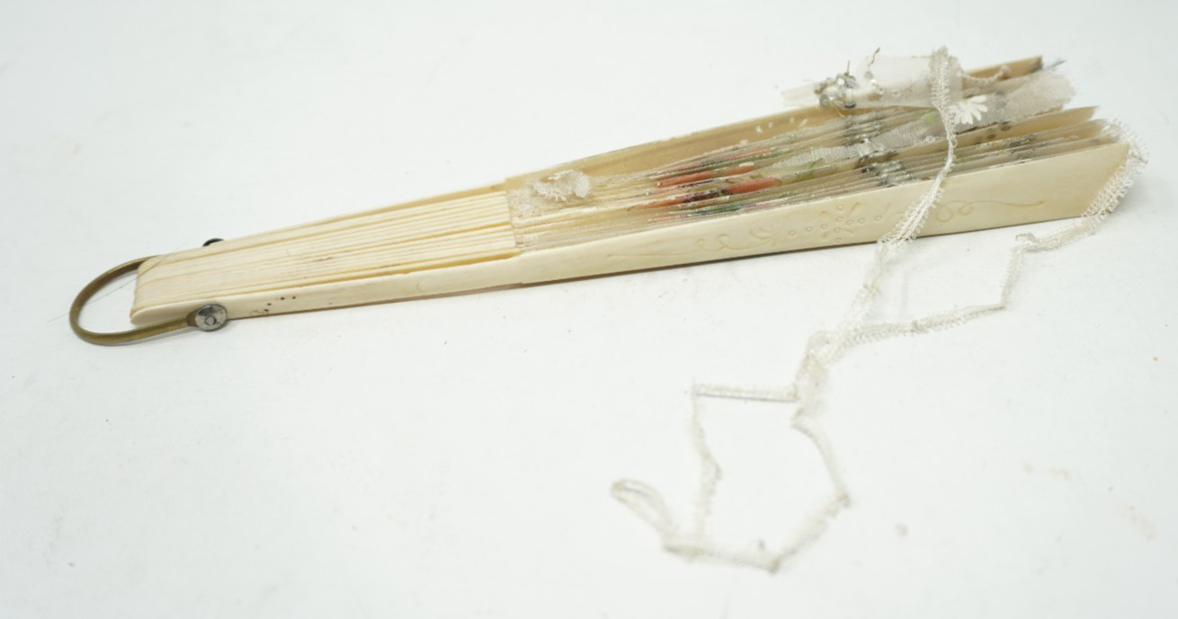 Antique Folding Hand Fan Painted Silk Sequin Fabric & Carved Bone Sticks