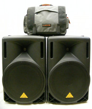 TWO Behringer Eurolive B215D Active 550w PA Speaker Systems, Cables, Mic PICK UP