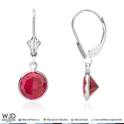 Bezel Round Simulated Ruby Dangle Drop Leverback Earrings 14K White Gold 1''