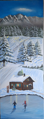 ORIGINAL One Of a Kind Painting Ski lodge Snow Acrylic Canvas 31 x 11.5"
