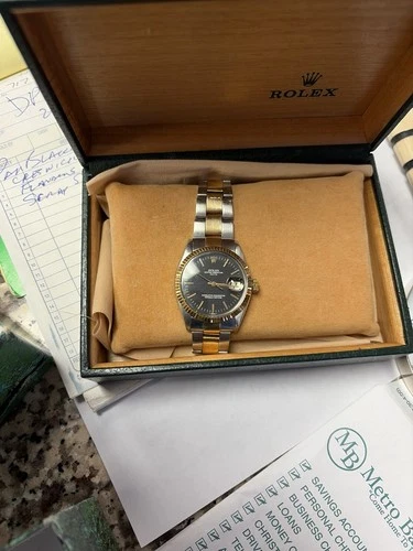 Rolex Date 1505 Mens 2Tone Yellow Gold & Stainless Steel Watch Black Dial