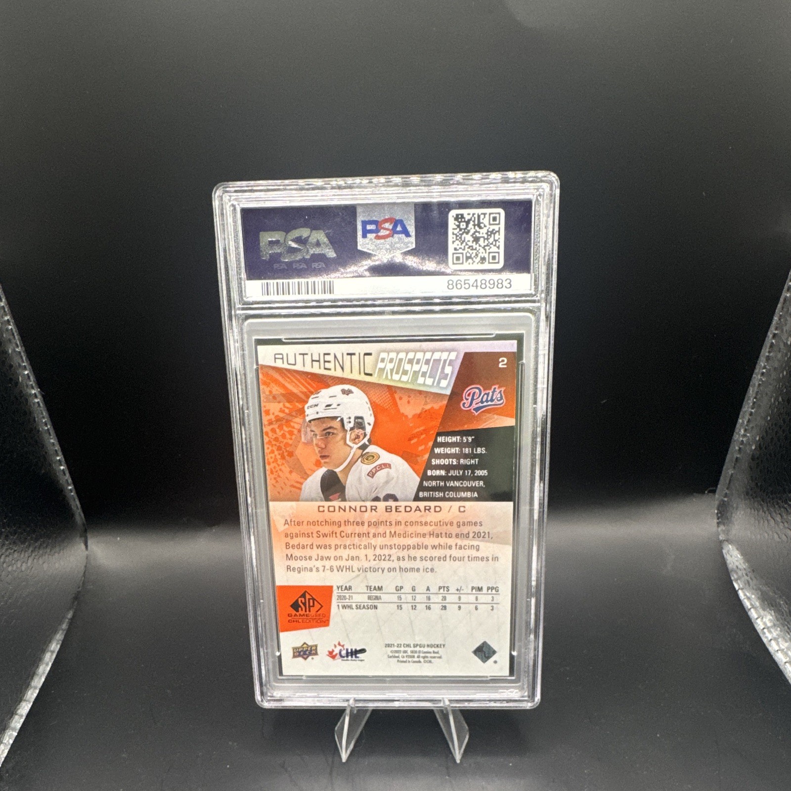 Upper Deck 2021-22 SP Game Used Connor Bedard #2 Orange /499 PSA 10 view 2