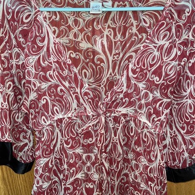 So Wear It Declare It - Gold Threaded Holiday Oriental Kimono Chiffon Shirt sz L