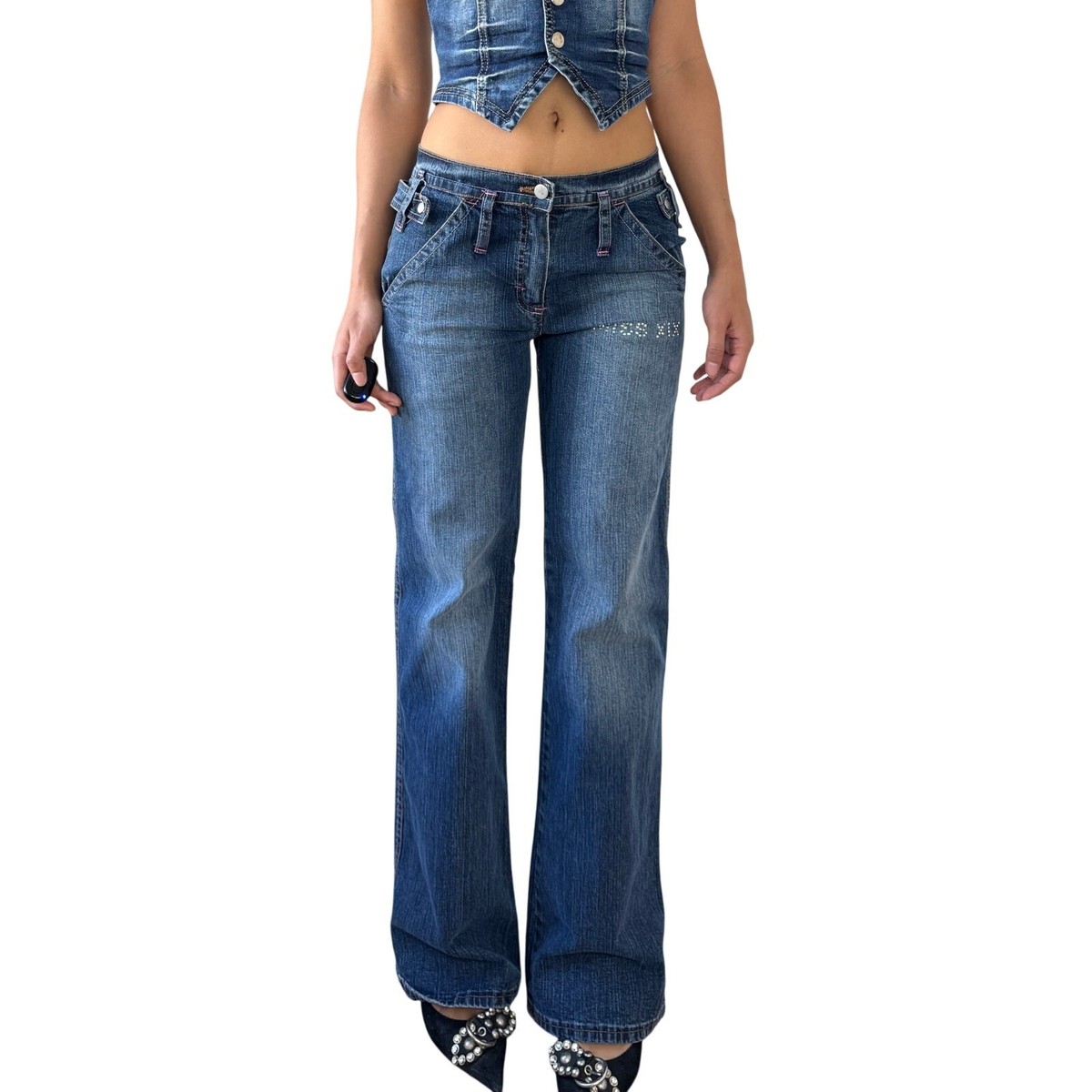 Y2K Italian Rhinestone “Miss” Denim – Low Rise Flare Leg Jeans (S