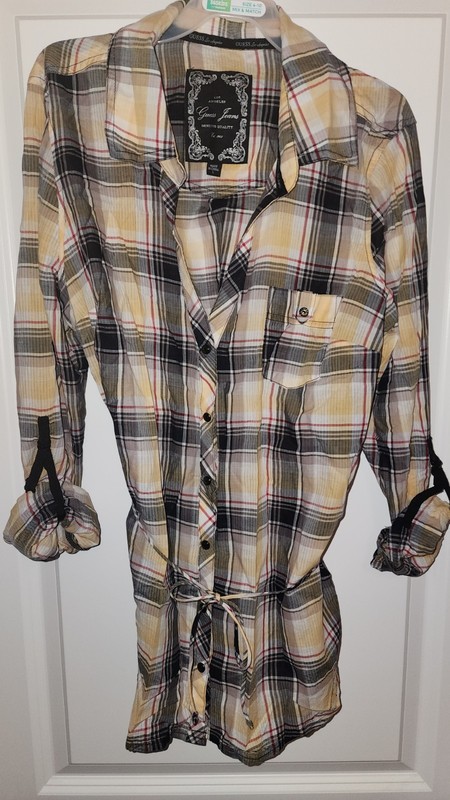 Guess Womens Yellow Plaid Button Up Roll Up Long Sleeve Shirt - Size large