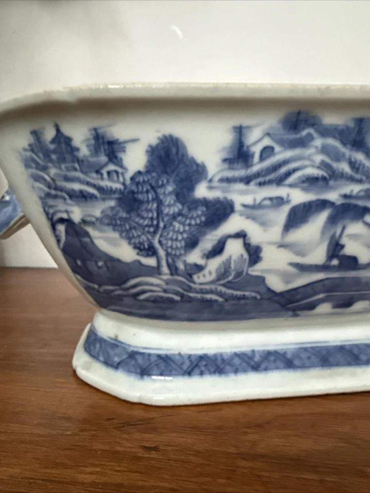 Antigua puré de porcelana de exportación azul cantón chino 13 X 8,75 X 5 asas de jabalí Foto 4 de 4