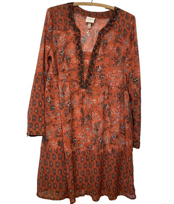 Knox Rose Sheer Cottagecore Boho Cowboy Babydoll dress Rust paisly - Small