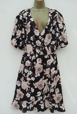 NEW LOOK BLACK FLORAL FIX WRAP PUFF SLEEVE TEA DRESS SIZE 24