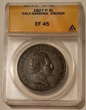 Italy Sardinia 1827 P Silver 5 Lire Anchor XF45 ANACS Scarce