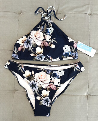 Cupshe NEW Two Piece Halter Style Swimsuit Bikini Navy Blue Pink Floral Sz L
