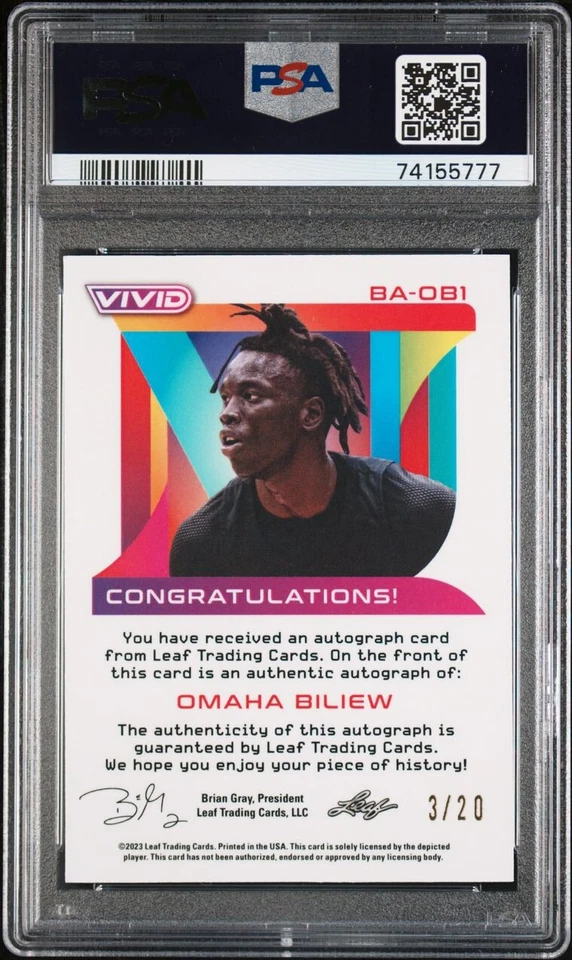 PSA 10 - OMAHA BILIEW #d 3/20 Auto - 2022 Leaf Vivid Autograph - BLACK Rookie RC - Image 2 of 2