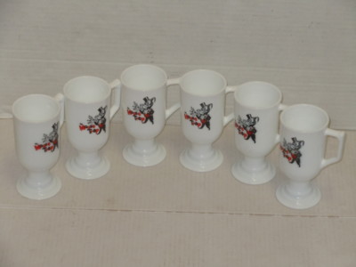 VINTAGE JAMESON IRISH WHISKEY THE MOUSE TRAP MILK GLASS PEDESTAL COFFEE MUGS 6 