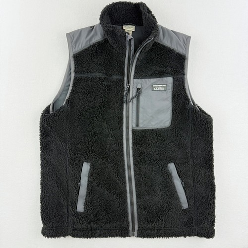 L.L.BEAN Sherpa Fleece Vest Mens Size L Black Gray Zip 519060
