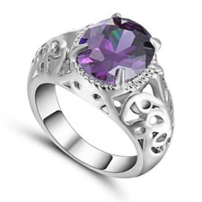 Elegant 925 Sterling Silver Purple Amethyst Charm Wedding Engagement Ring Size 8
