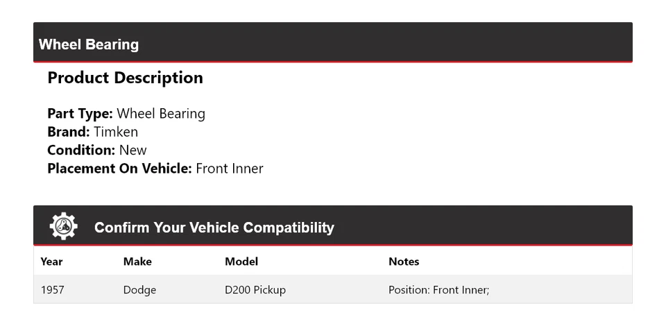Cojinete de rueda interior delantero Timken para camioneta Dodge D200 1957 Foto 2 de 4