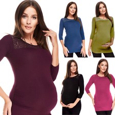 Purpless Maternity 3/4 Sleeve Pregnancy Top Shirt Blouse with Lace Trim 5300