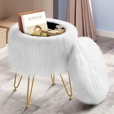 Vanity Stool Chair 4 Metal Legs with Anti-Slip Pad, Round Faux Fur