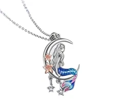 Silvery Mermaid Crescent Moon & Stars Pendant Necklace - New