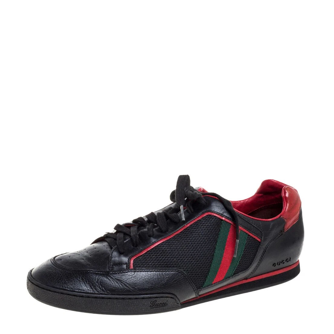 Baskets basses vintage tennis en maille noire/rouge Gucci et cuir