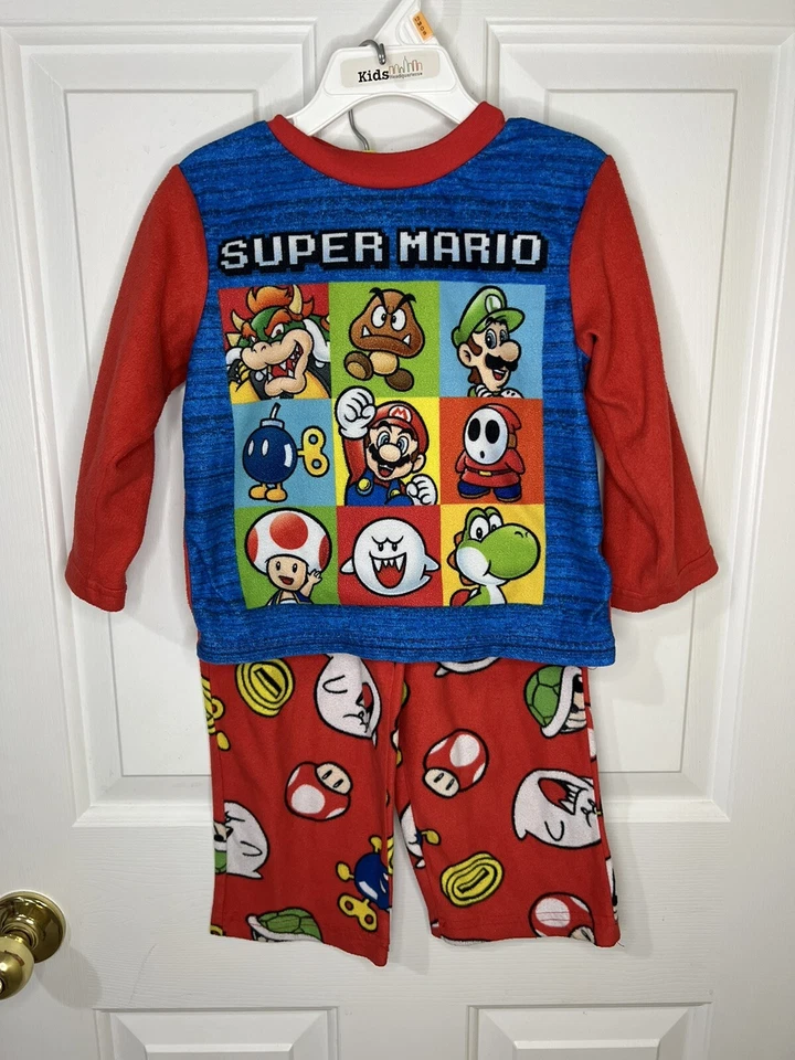 Super Mario Boys Size 4 Blue & Red 2 Piece Pajama Sleep Set Fleece PJ's Nintendo - Image 2 of 4