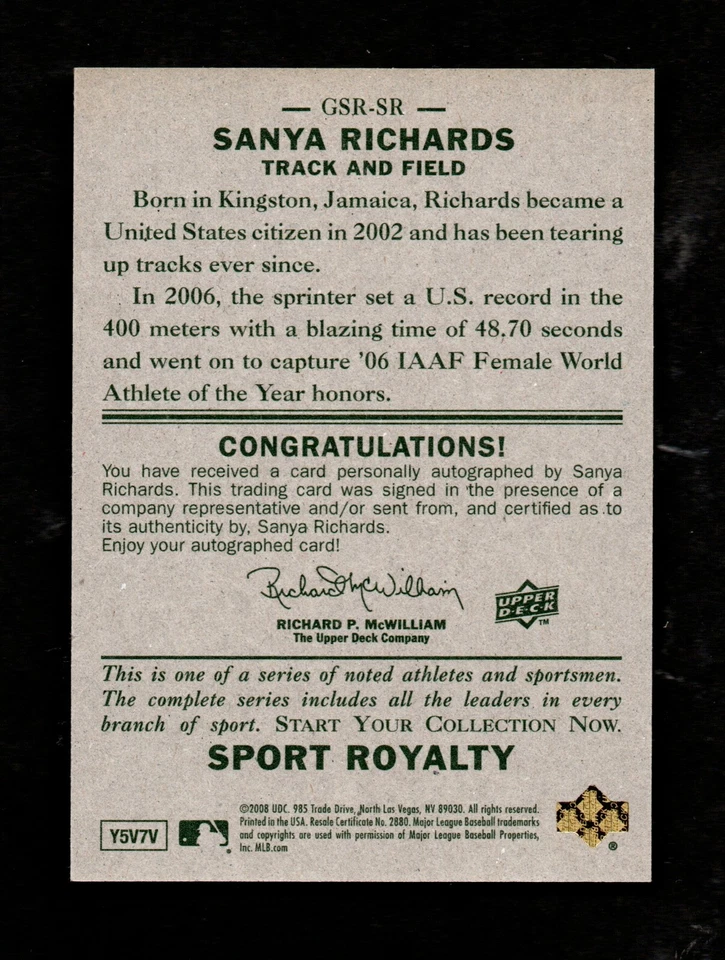 Autógrafo medalla de oro olímpica Goudey Sport Royalty Sanya Richards 2008 Foto 2 de 2