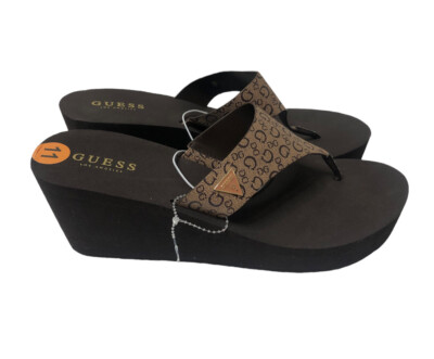 NEW GUESS Women's Brown Platform Heel Flip Flops Sandals Shoes