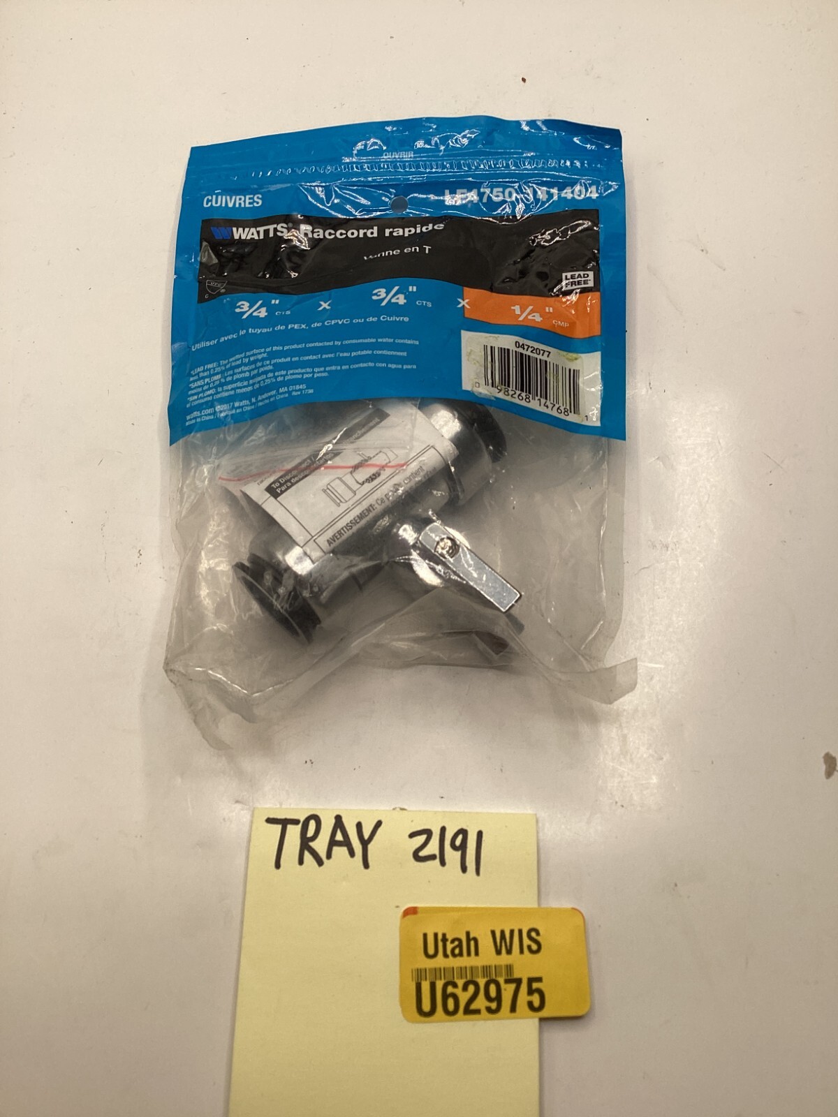 WATTS LF4750-141404  Brass Quick-Connect Tee Valve  3/4"X3/4"X1/4"