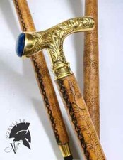 Unique Hand Carved Walking Stick Leather Covered Wooden Cane With Royal Handle