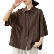 Women's Linen Short Sleeve Shirt Button Up Pockets Loose Casual Tops Collared US