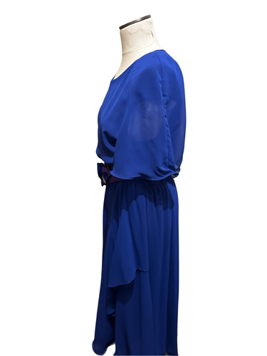 Vtg 80s Spencer Alexis Blue Chiffon Ruffle Dress with Floral Belt USA Made 10 - Picture 4 of 12