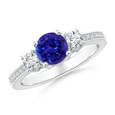 Round Blue Sapphire Three Stone Ring 925 Sterling Silver Engagement Gift Ring