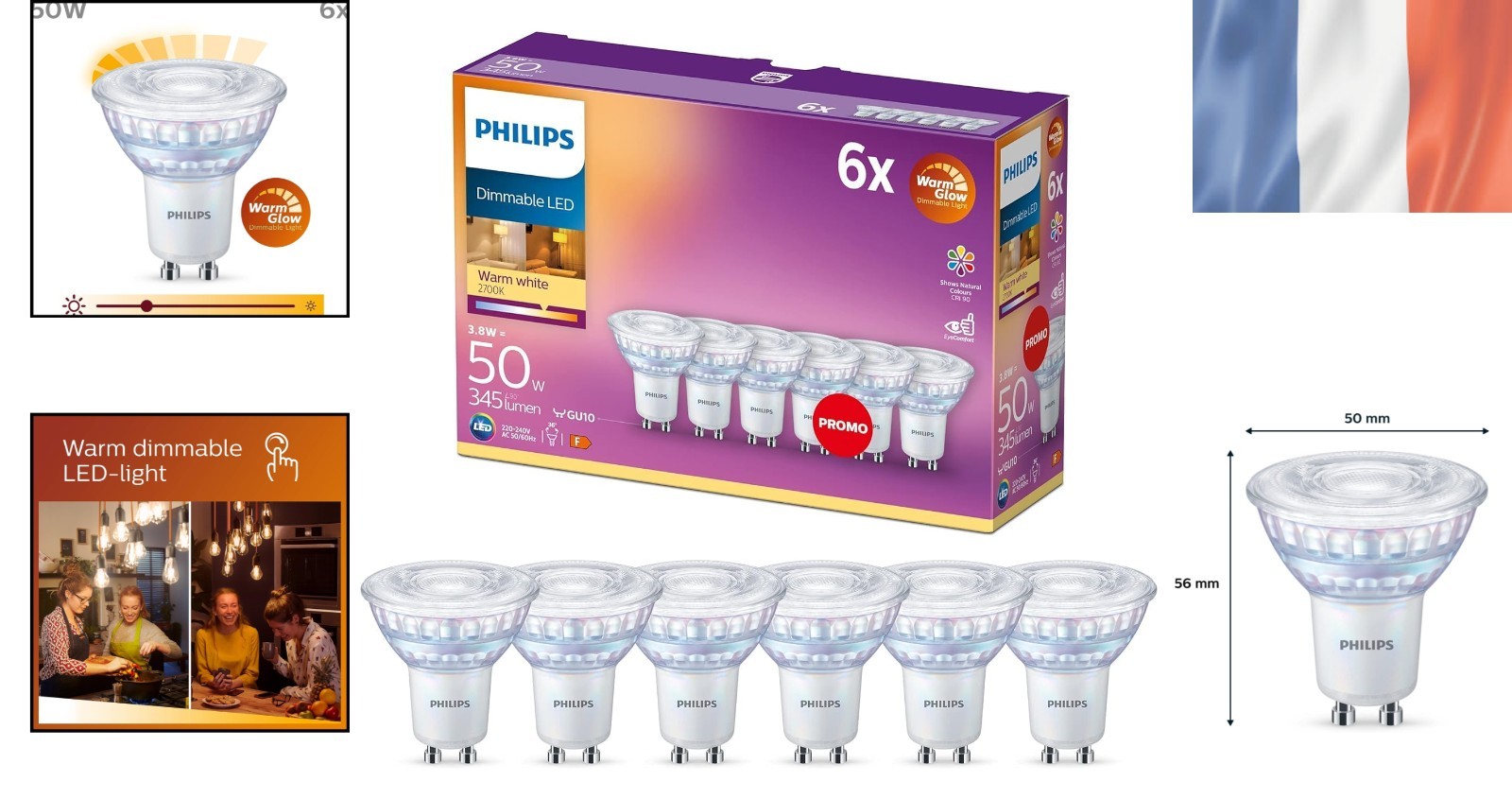 Ampoules LED GU10 Philips dimmables spot encastrable équivalent 50W - 2