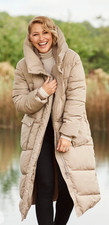 Piumino donna NEXT x Emma Willis panna lungo imbottito con cappuccio, UK 10R, nuovo con etichette!