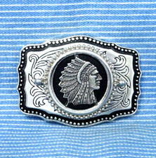 Native American Indian Chief Belt Buckle Western Scroll Headdress Vtg 80s.TYC463