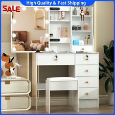 Image of Vanity Makeup Desk Dressing Table With LED Light Bulbs Vanity Mirror 6 Drawers