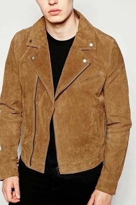 Brown Motorcycle Biker Real Suede Leather Jacket For Men