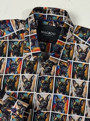 Maceoo Fibonacci Men Size L Dog Print Shirt Italian Cotton Long Sleeve Button Up