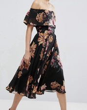 ASOS "Bardot" Floral Print Off-the-shoulder Midi Dress - Size 4