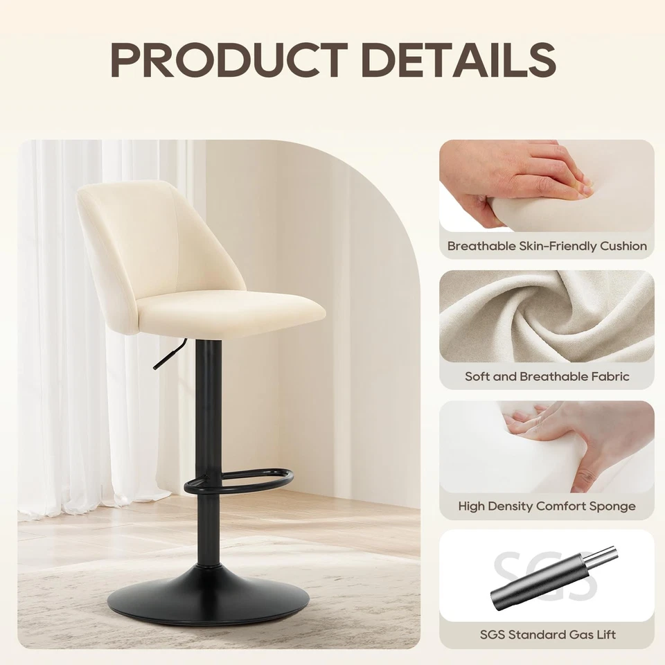 Bar Stools Set of 2, Modern Swivel Bar Chairs, Adjustable Upholstered Barstoo... - Изображение 2 из 4