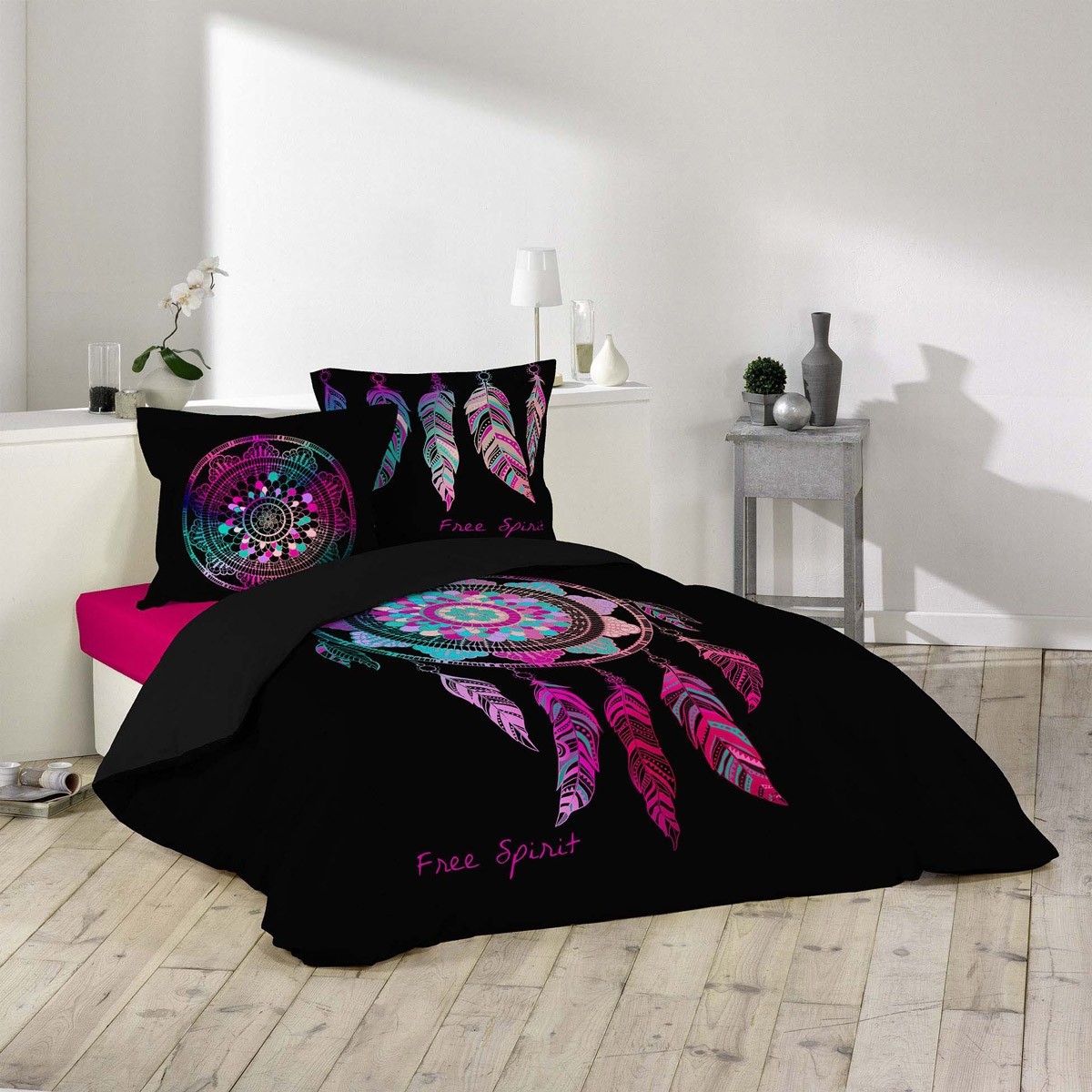Parure de lit anti-plis 260x240cm Porte-Bonheur noir en microfibre respirante pour un lit impeccable