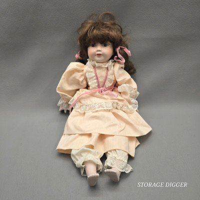Gotz W. Germany Porcelain Doll 16'' Tall Brunette Girl Victorian Beige Dress