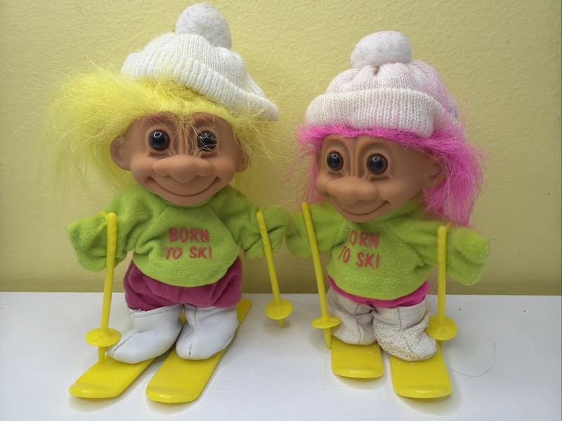 2 Vintage Russ Troll Doll, Born To Ski  troll 5” Skiing Troll Winter