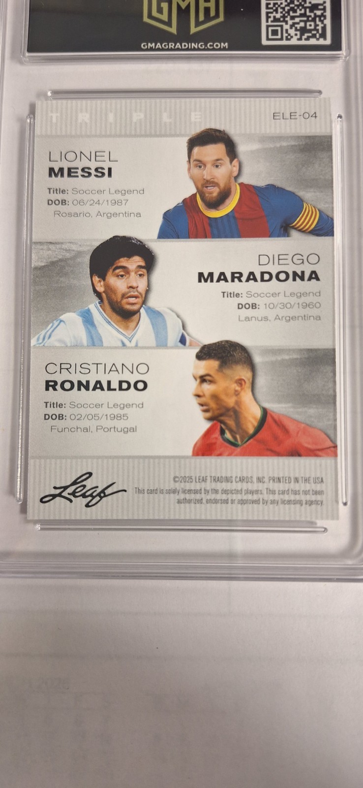 Leaf 2025 Exclusive Legends Edition Triple Messi Maradona Ronaldo #ELE-04 GMA 10 view 2