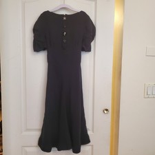 Marc Jacobs Black Silk Puff Sleeve Buttons Midi Dress sz 2